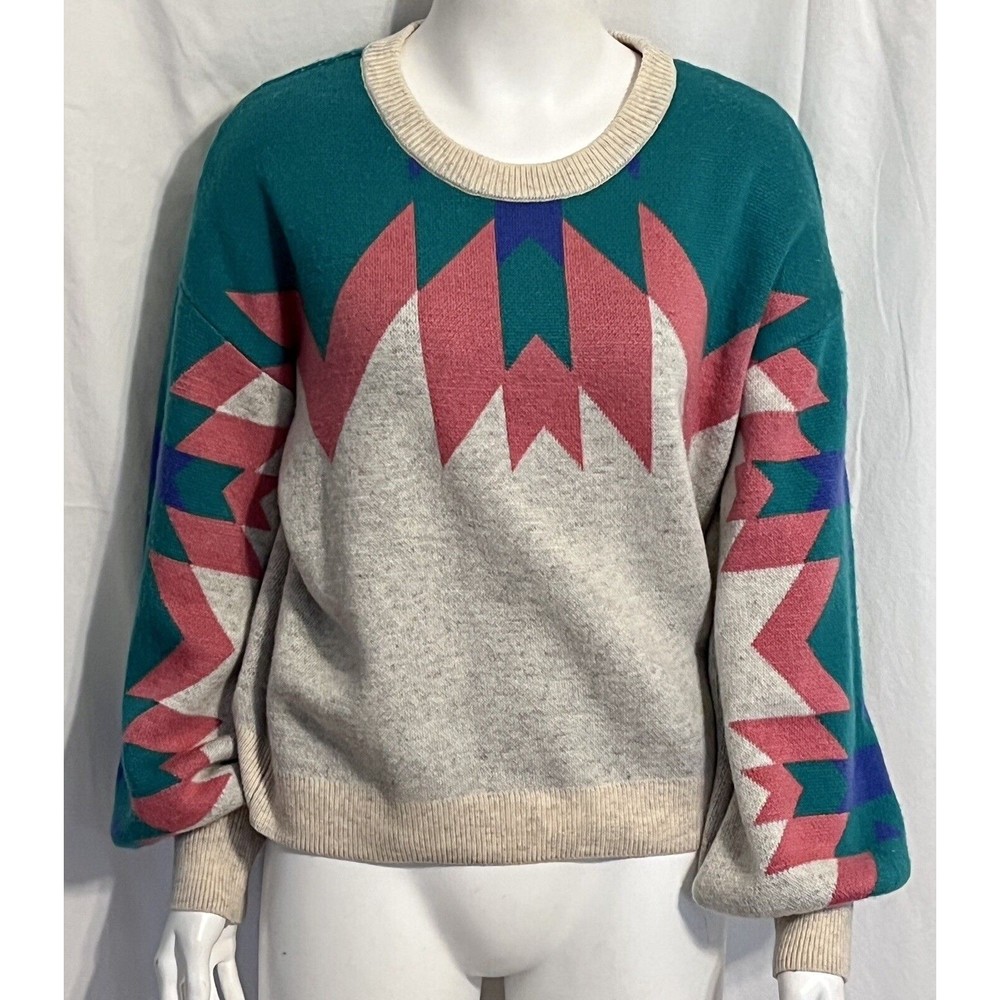One Grey Day Sweater Pullover Retro 80s Print Colorblock L/S Women's Size Small